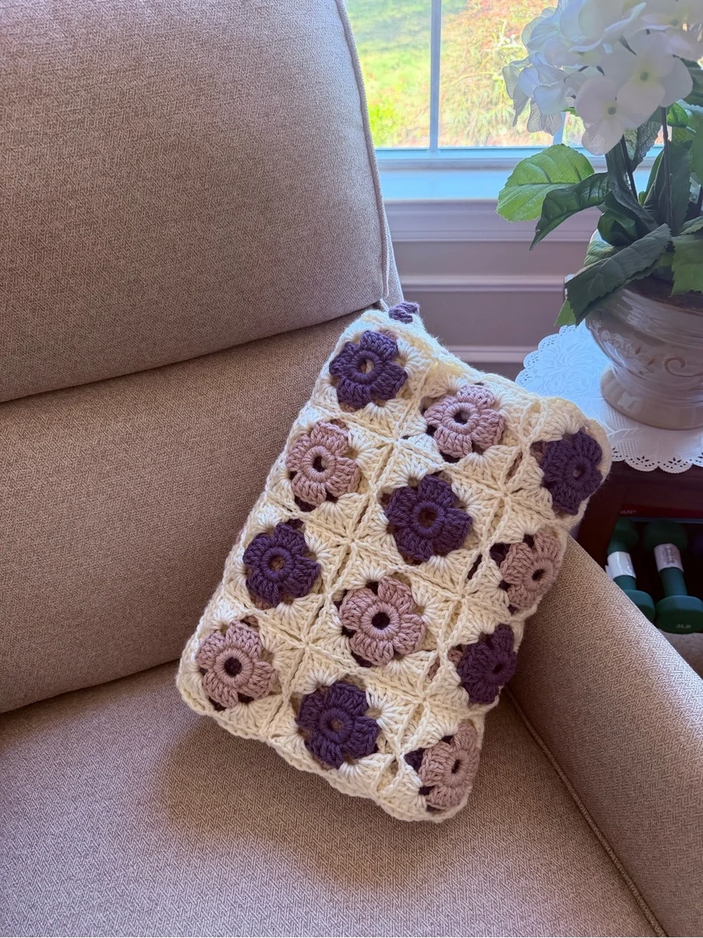 Handmade Crochet Granny Square blanket in Cream and Purple